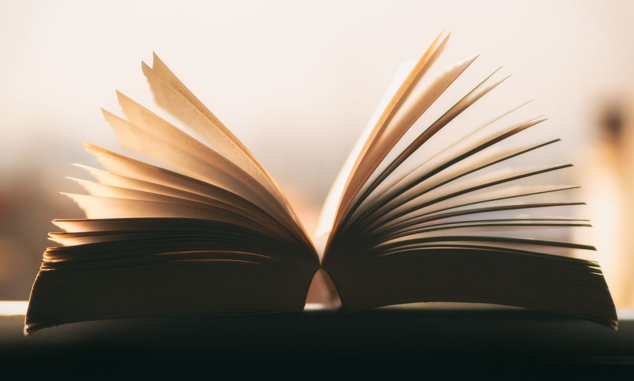 A beautifully lit open book with pages fanning out, creating an ethereal and intellectual vibe.